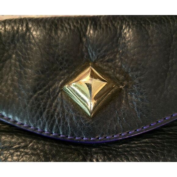 Black Genuine soft Leather Purse Purple Stitching Gold-Tone Accent Snap Closure - Picture 4 of 7